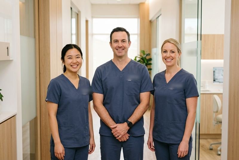 Three smiling dental professionals in navy scrubs standing in a clinic hallway