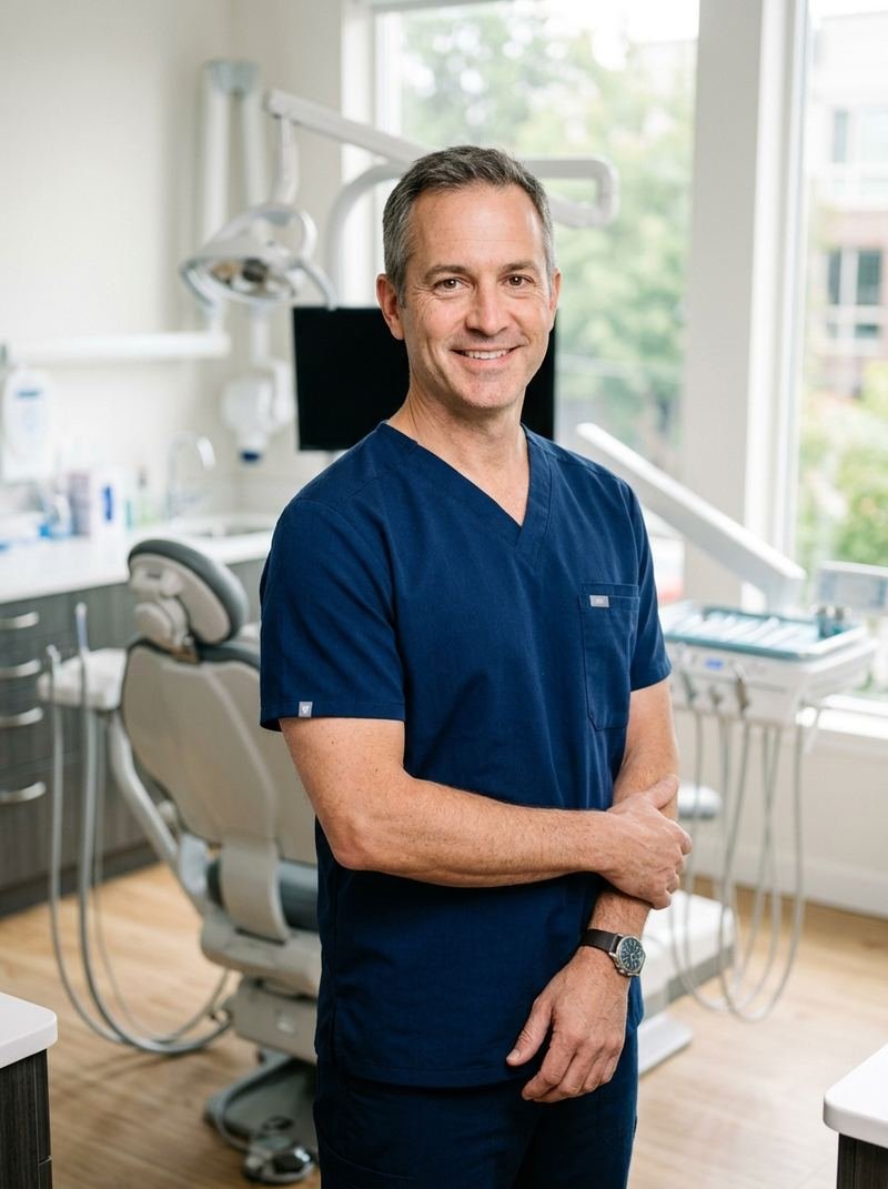 Smiling dentist in navy scrubs standing in a bright treatment room