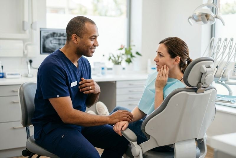 Dentist reassuring a patient who is holding her cheek in pain