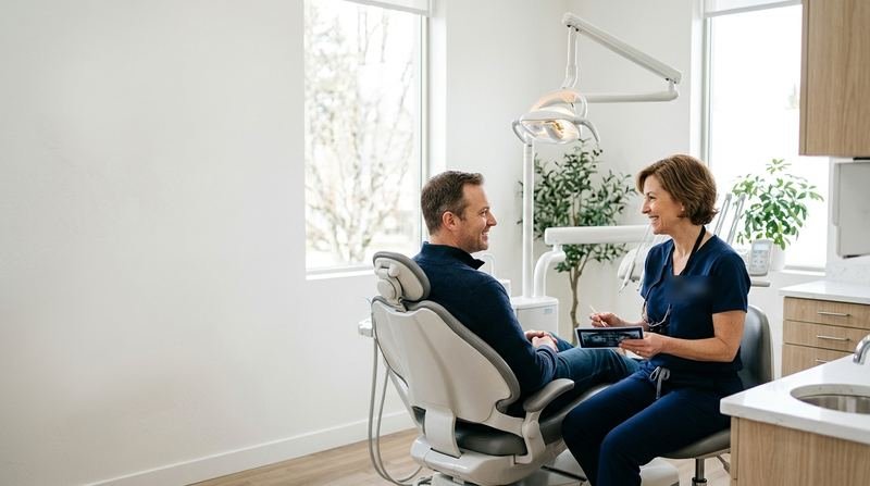 Dentist talking with a relaxed patient seated in a dental chair