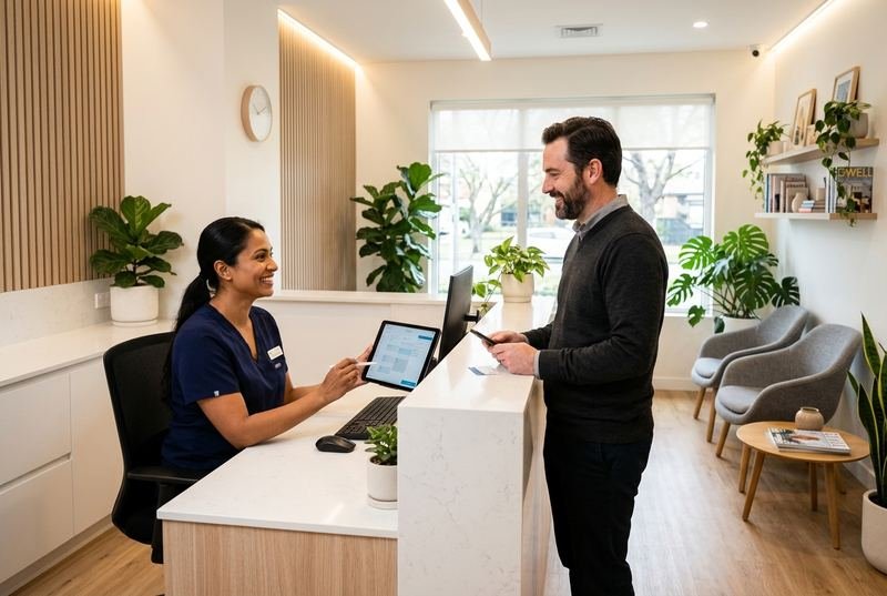 Receptionist helping a patient check in on a tablet at a bright front desk